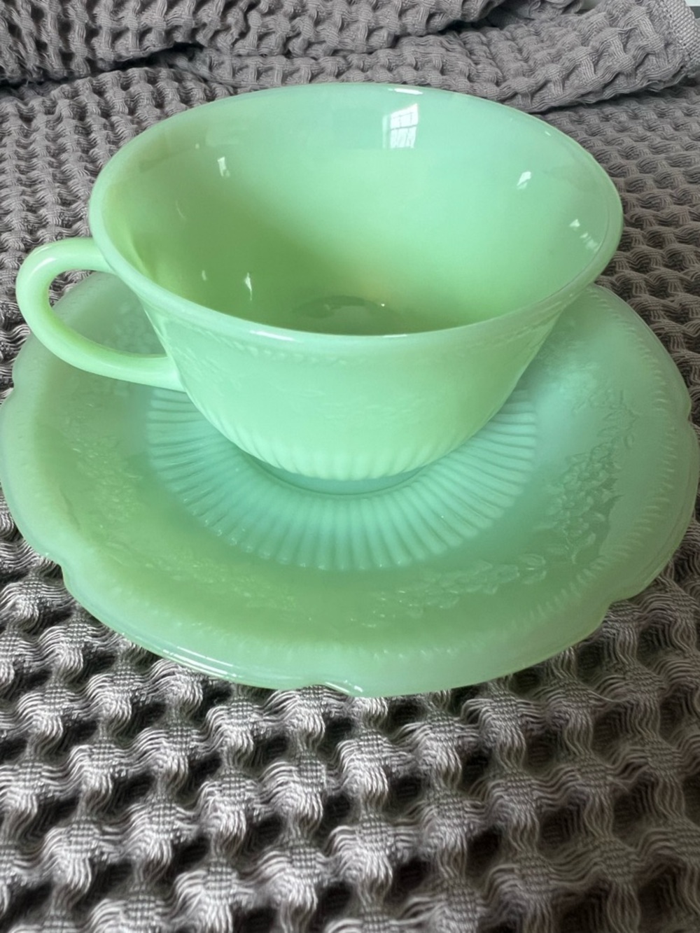 Fire King Jadeite Green Tea Cup and Saucer in Alice Design